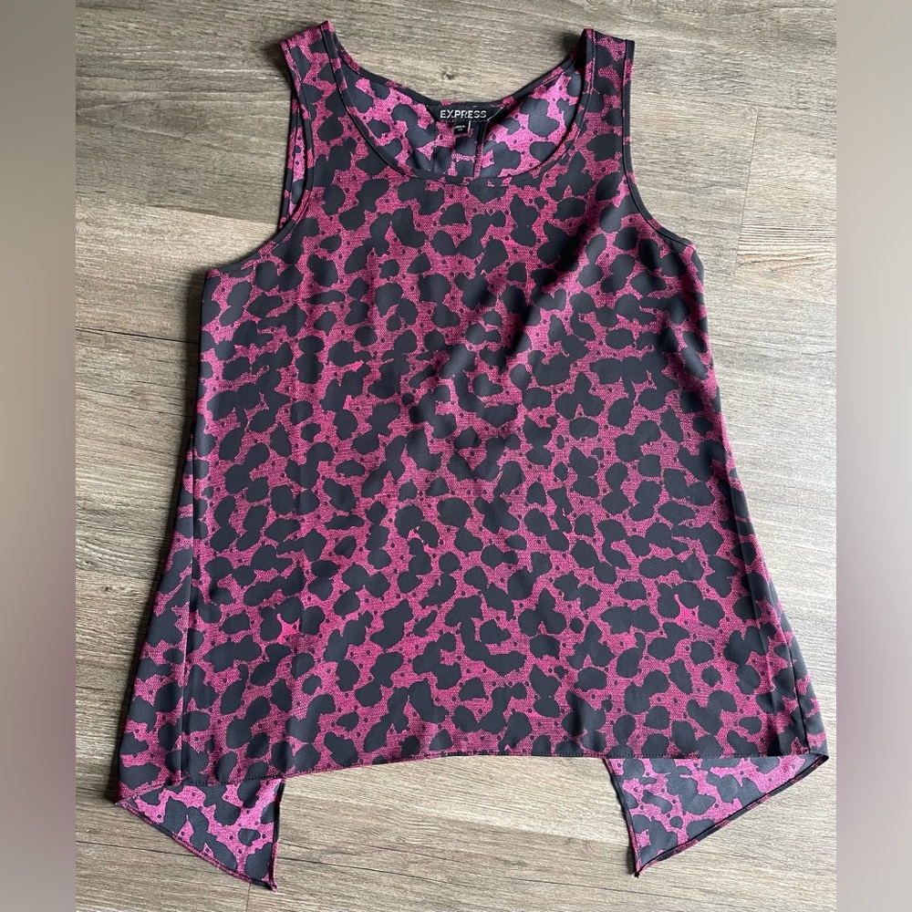 Womens Express Top Blouse Animal Print Woven Split Back XS Flowy Lightweight